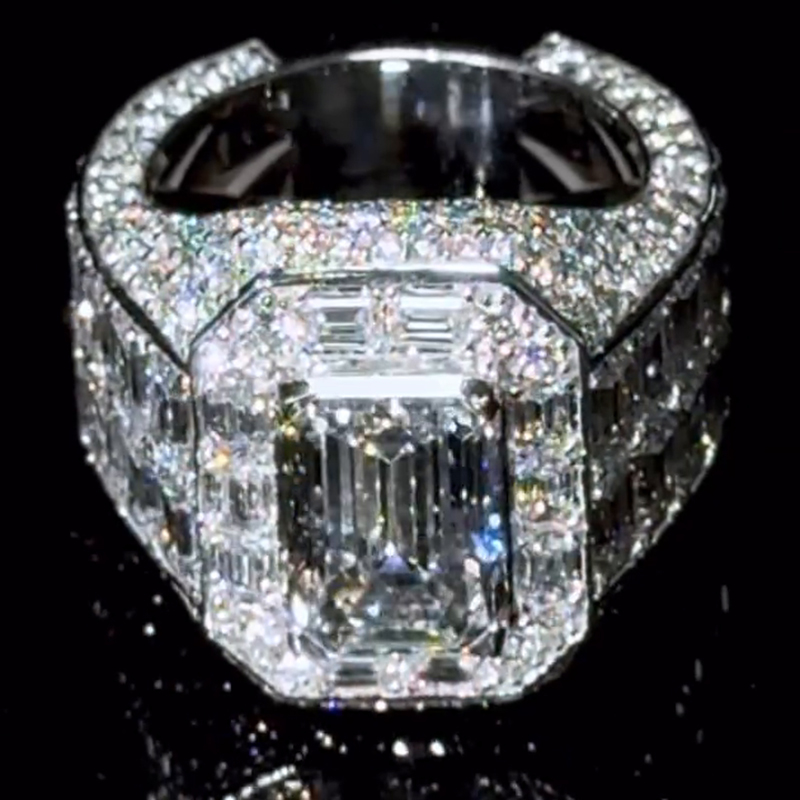 12ct Emerald Cut White Sapphire Luxury Sterling Silver Handmade Men's Ring