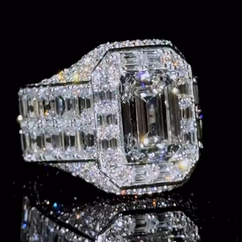 12ct Emerald Cut White Sapphire Luxury Sterling Silver Handmade Men's Ring