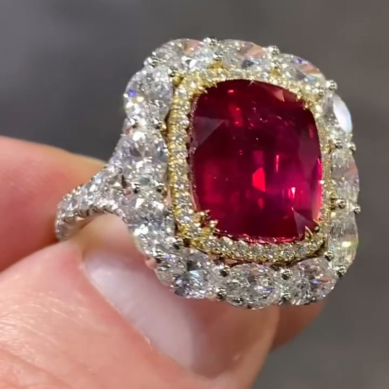 6.5ct Cushion Cut Ruby Halo Two-Tone Handmade Engagement Ring