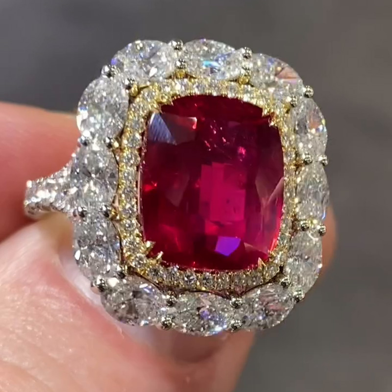 6.5ct Cushion Cut Ruby Halo Two-Tone Handmade Engagement Ring