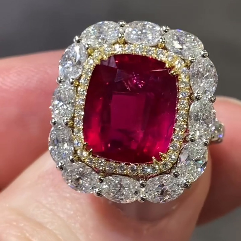 6.5ct Cushion Cut Ruby Halo Two-Tone Handmade Engagement Ring