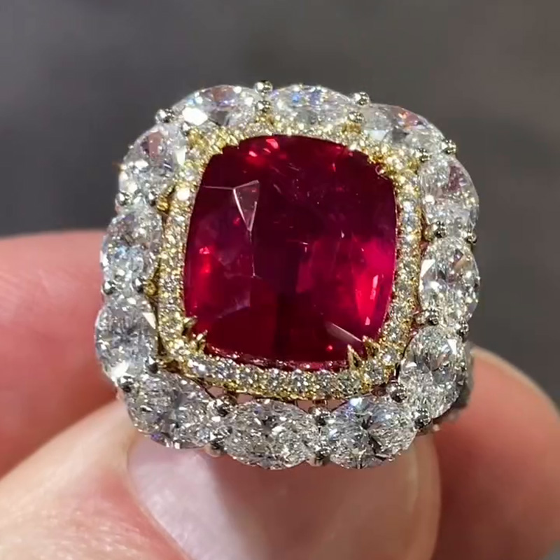 6.5ct Cushion Cut Ruby Halo Two-Tone Handmade Engagement Ring