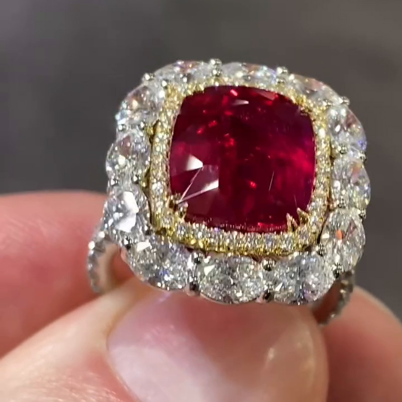 6.5ct Cushion Cut Ruby Halo Two-Tone Handmade Engagement Ring