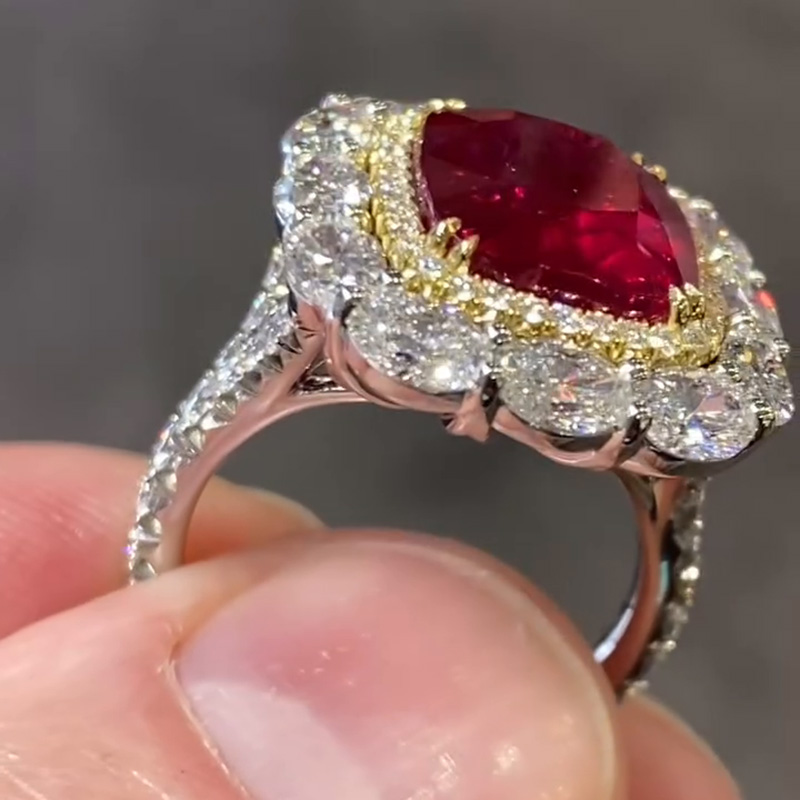 6.5ct Cushion Cut Ruby Halo Two-Tone Handmade Engagement Ring