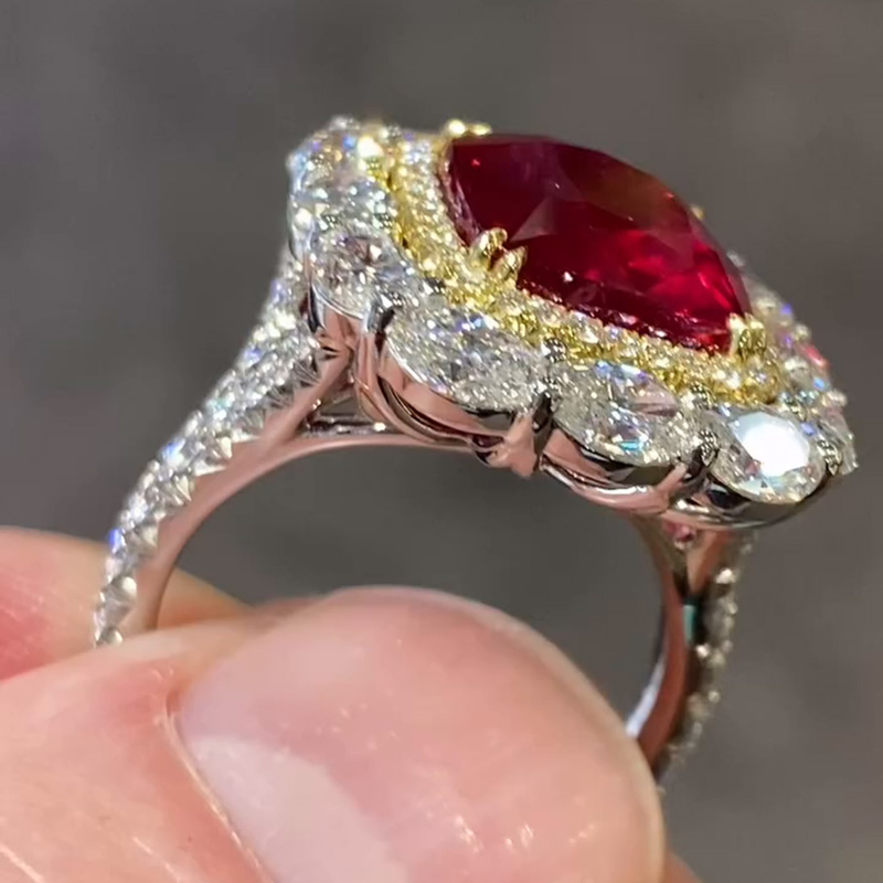 6.5ct Cushion Cut Ruby Halo Two-Tone Handmade Engagement Ring