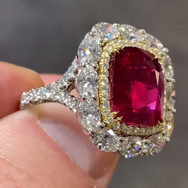 6.5ct Cushion Cut Ruby Halo Two-Tone Handmade Engagement Ring