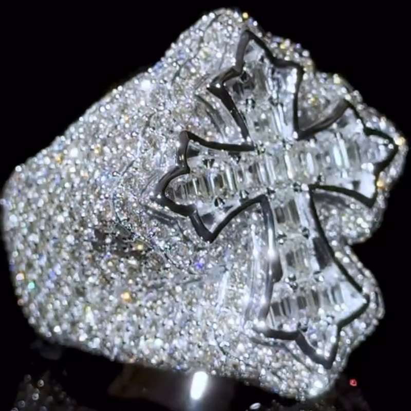 10ctw Emerald and Round Cut Pave Set Handmade Men's Cross Ring
