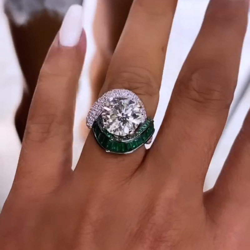 4.5ct Round Cut White Sapphire With Emeralds Around Unique Design Handmade Ring