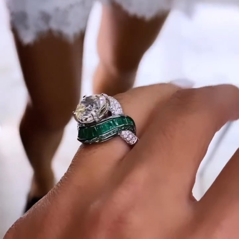 4.5ct Round Cut White Sapphire With Emeralds Around Unique Design Handmade Ring