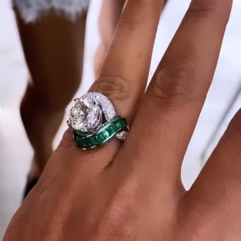 4.5ct Round Cut White Sapphire With Emeralds Around Unique Design Handmade Ring