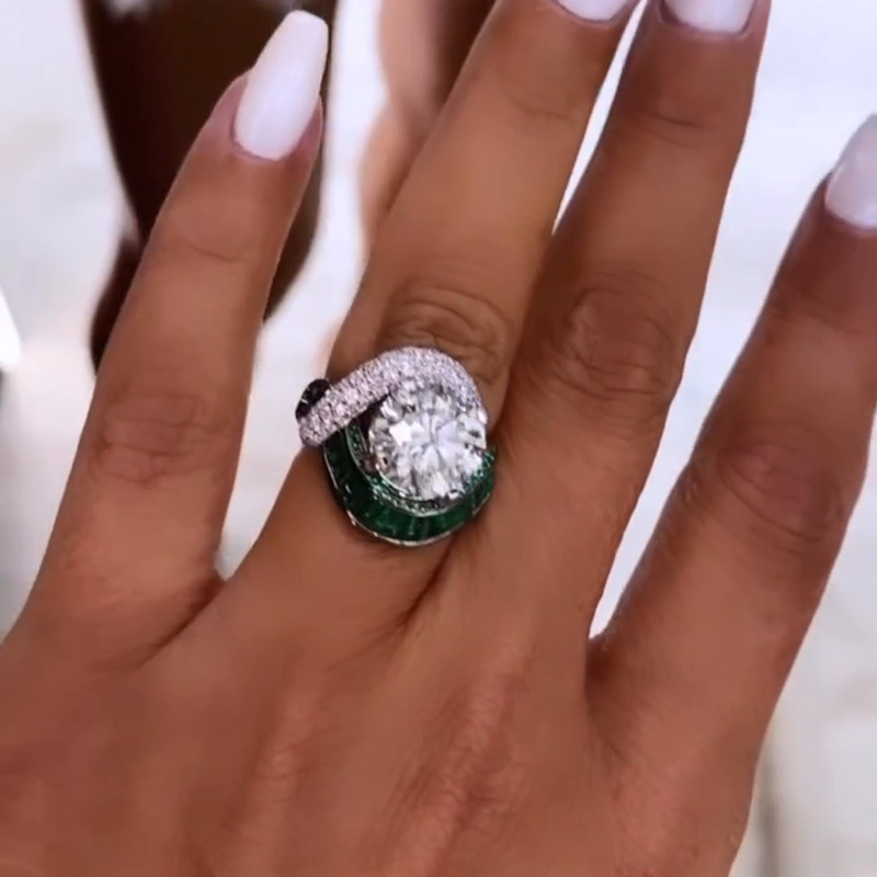 4.5ct Round Cut White Sapphire With Emeralds Around Unique Design Handmade Ring