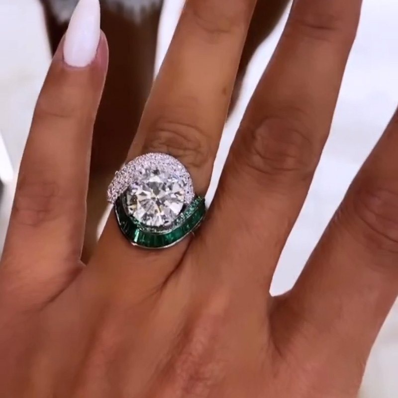 4.5ct Round Cut White Sapphire With Emeralds Around Unique Design Handmade Ring