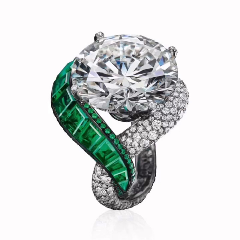 4.5ct Round Cut White Sapphire With Emeralds Around Unique Design Handmade Ring