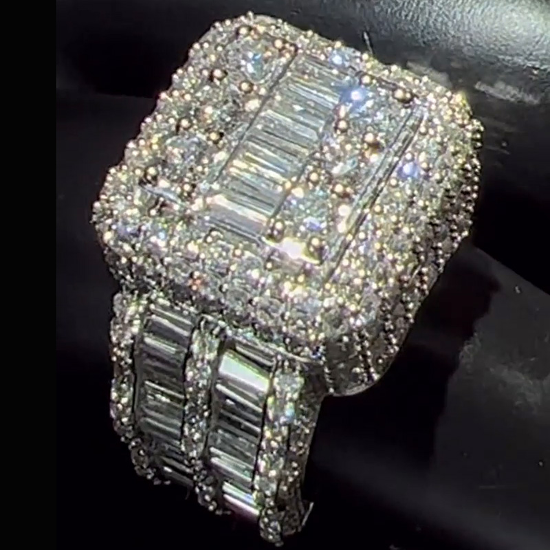 15ctw Baguette and Round Cut White Sapphire Luxury Handmade Men's Ring