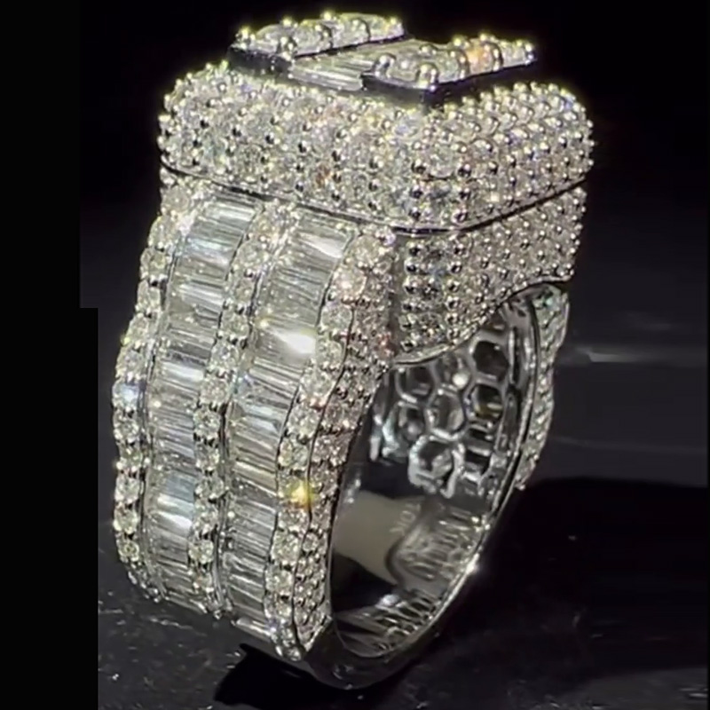 15ctw Baguette and Round Cut White Sapphire Luxury Handmade Men's Ring