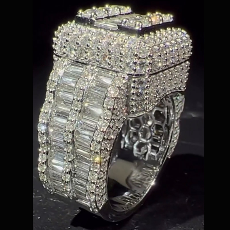 15ctw Baguette and Round Cut White Sapphire Luxury Handmade Men's Ring
