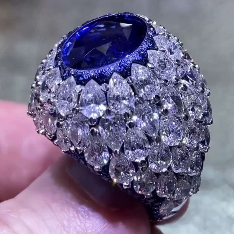 5ct Oval Cut Blue Sapphire Full Set Bomb Handmade Cocktail Ring