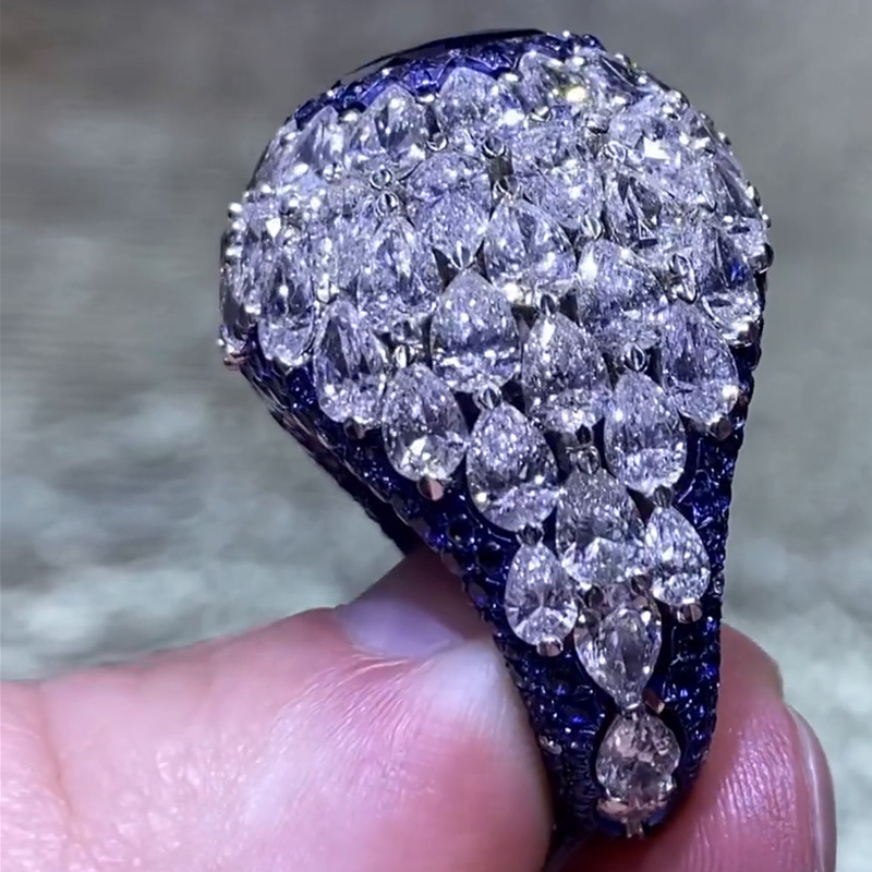 5ct Oval Cut Blue Sapphire Full Set Bomb Handmade Cocktail Ring