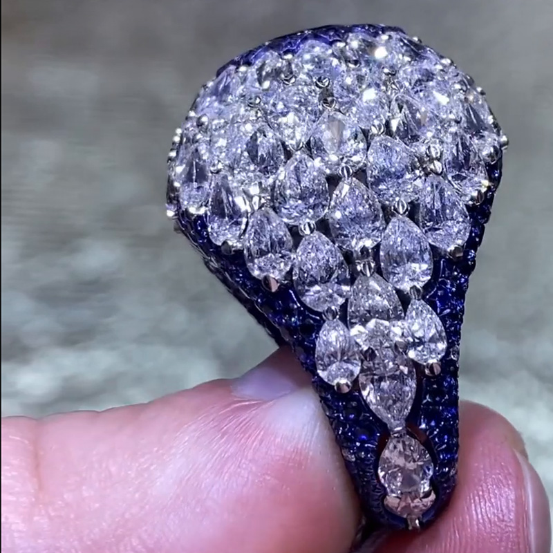 5ct Oval Cut Blue Sapphire Full Set Bomb Handmade Cocktail Ring