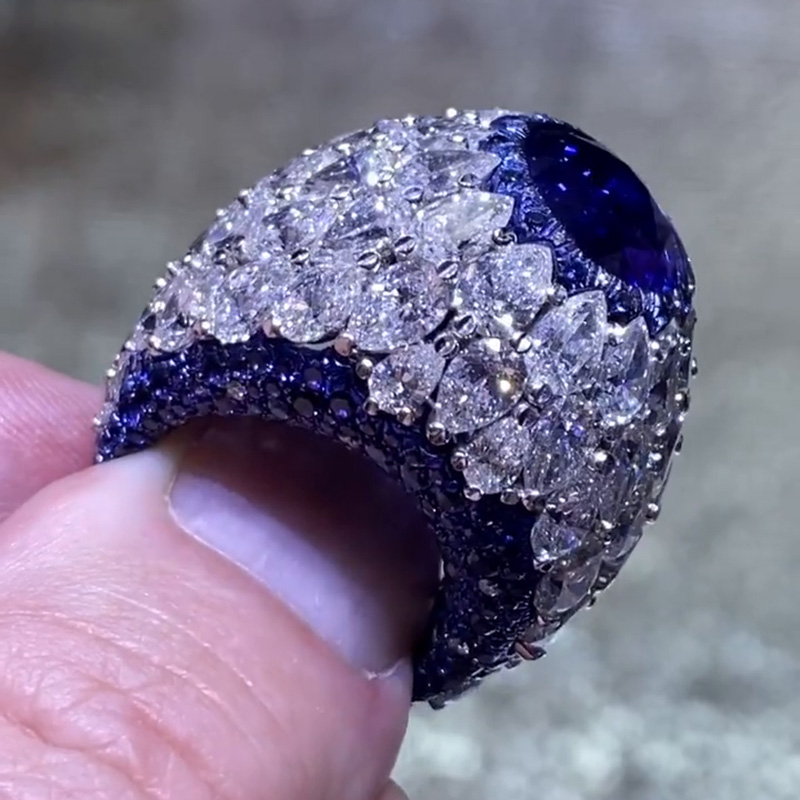 5ct Oval Cut Blue Sapphire Full Set Bomb Handmade Cocktail Ring
