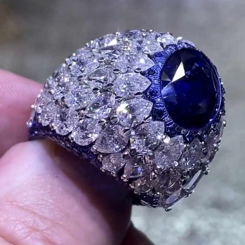 5ct Oval Cut Blue Sapphire Full Set Bomb Handmade Cocktail Ring