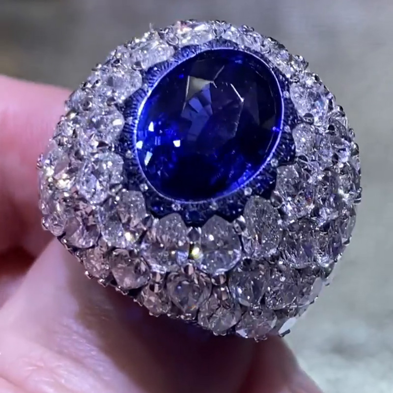 5ct Oval Cut Blue Sapphire Full Set Bomb Handmade Cocktail Ring