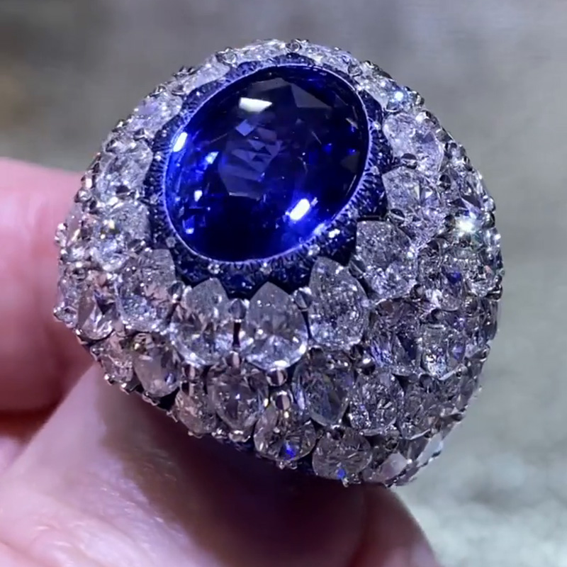 5ct Oval Cut Blue Sapphire Full Set Bomb Handmade Cocktail Ring