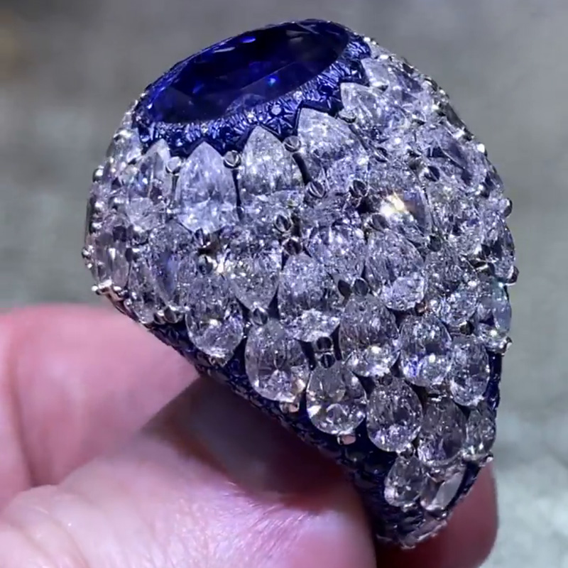 5ct Oval Cut Blue Sapphire Full Set Bomb Handmade Cocktail Ring