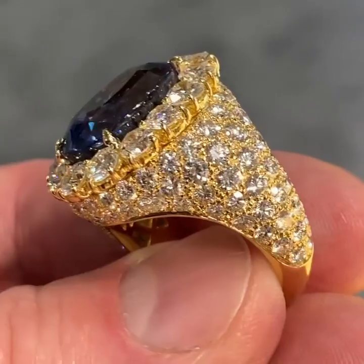 7ct Oval Cut Royal Blue Sapphire Halo Yellow Gold Handmade Sterling Silver Ring