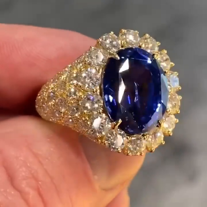 7ct Oval Cut Royal Blue Sapphire Halo Yellow Gold Handmade Sterling Silver Ring