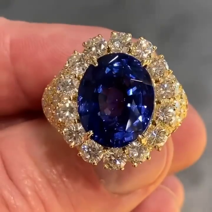 7ct Oval Cut Royal Blue Sapphire Halo Yellow Gold Handmade Sterling Silver Ring
