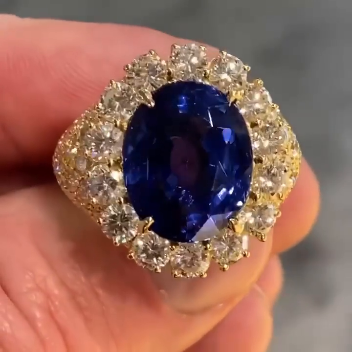 7ct Oval Cut Royal Blue Sapphire Halo Yellow Gold Handmade Sterling Silver Ring