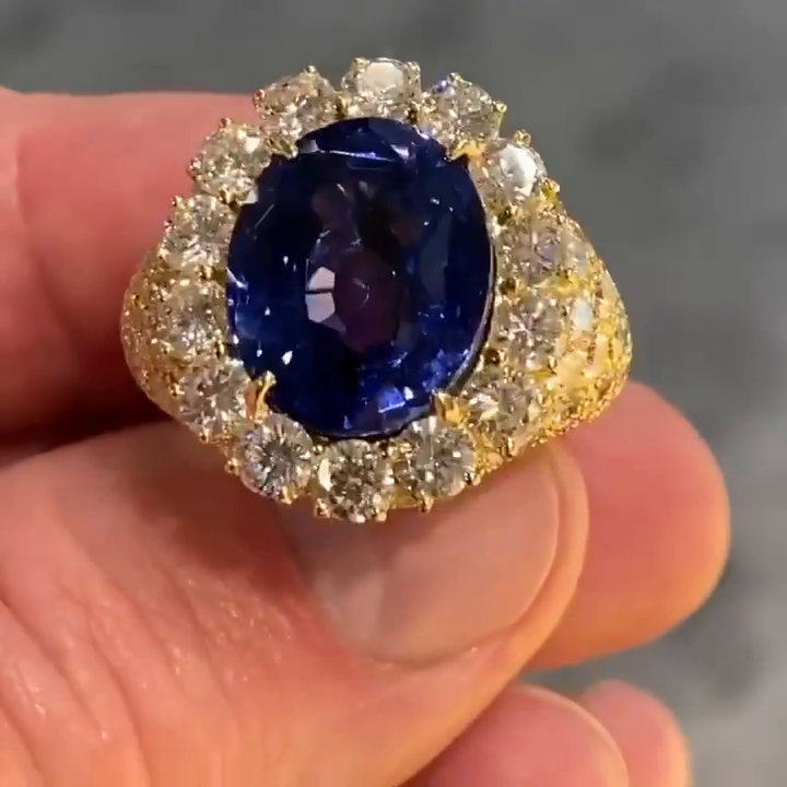 7ct Oval Cut Royal Blue Sapphire Halo Yellow Gold Handmade Sterling Silver Ring