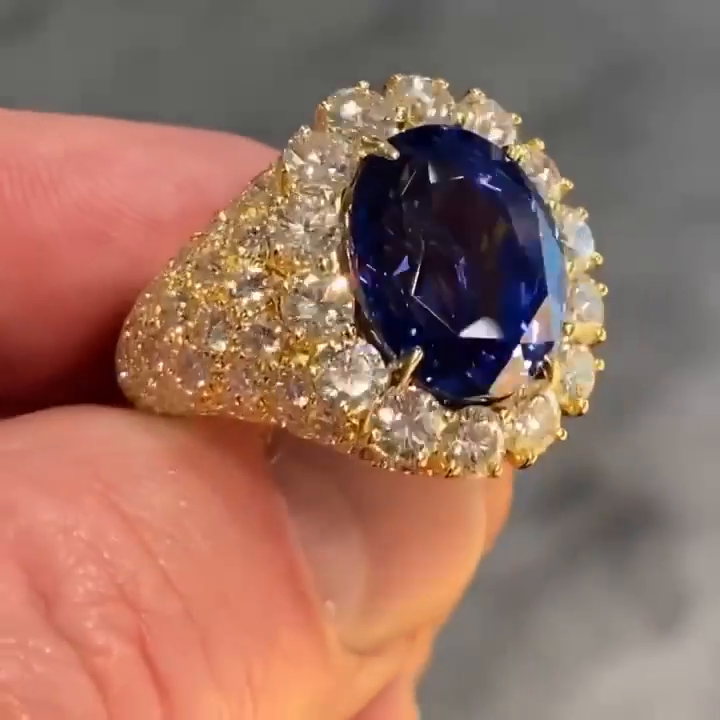 7ct Oval Cut Royal Blue Sapphire Halo Yellow Gold Handmade Sterling Silver Ring