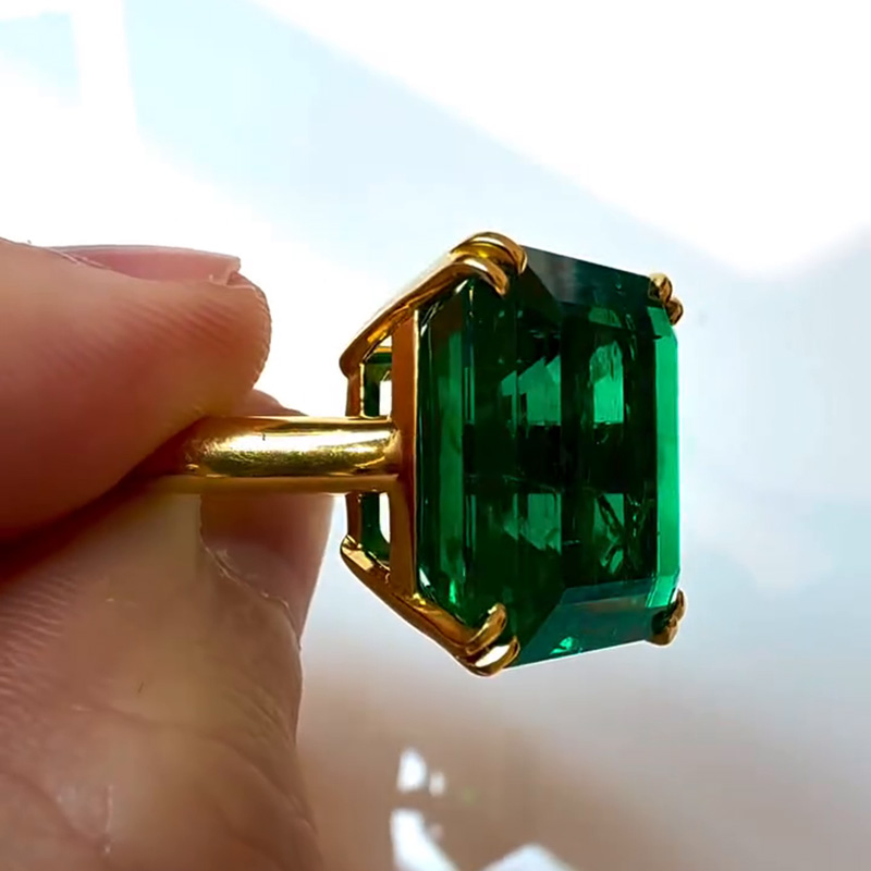 12ct Asscher Cut Emerald Green Yellow Gold Simple Handmade Men's Ring