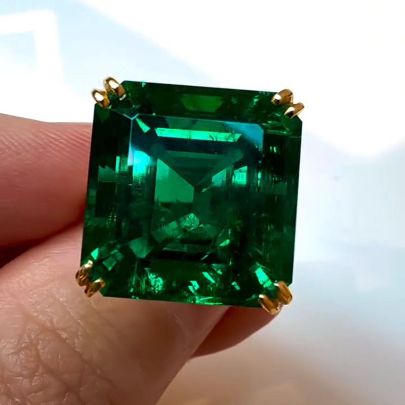 12ct Asscher Cut Emerald Green Yellow Gold Simple Handmade Men's Ring