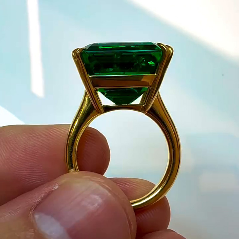 12ct Asscher Cut Emerald Green Yellow Gold Simple Handmade Men's Ring