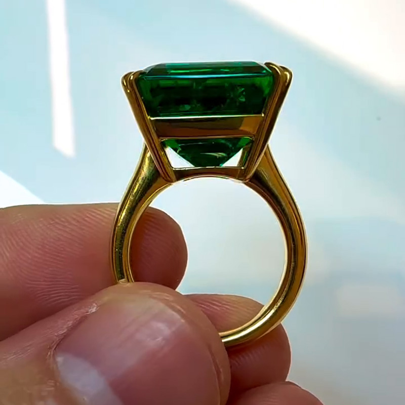 12ct Asscher Cut Emerald Green Yellow Gold Simple Handmade Men's Ring