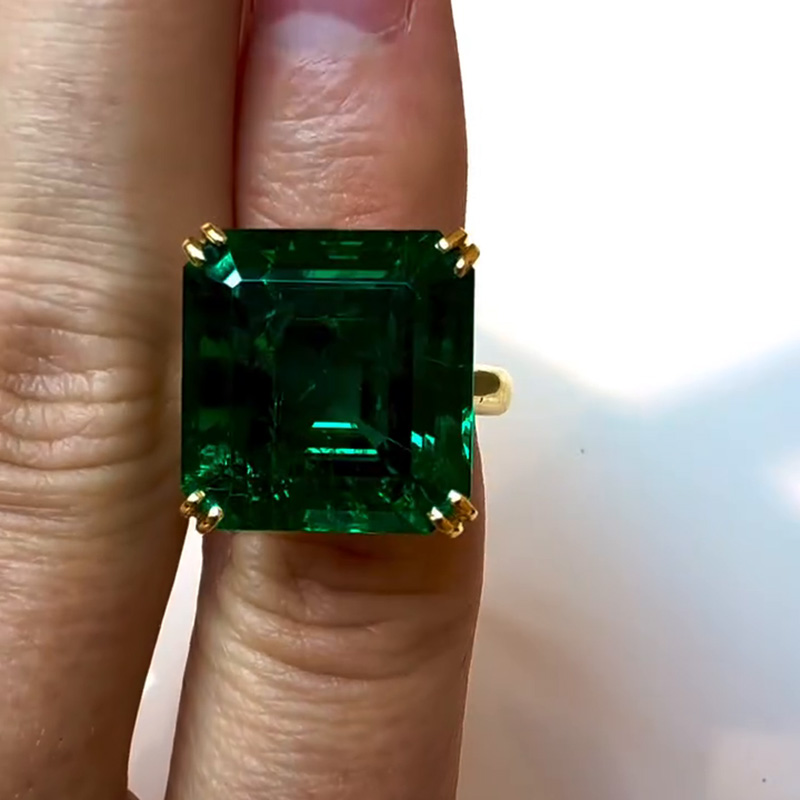 12ct Asscher Cut Emerald Green Yellow Gold Simple Handmade Men's Ring