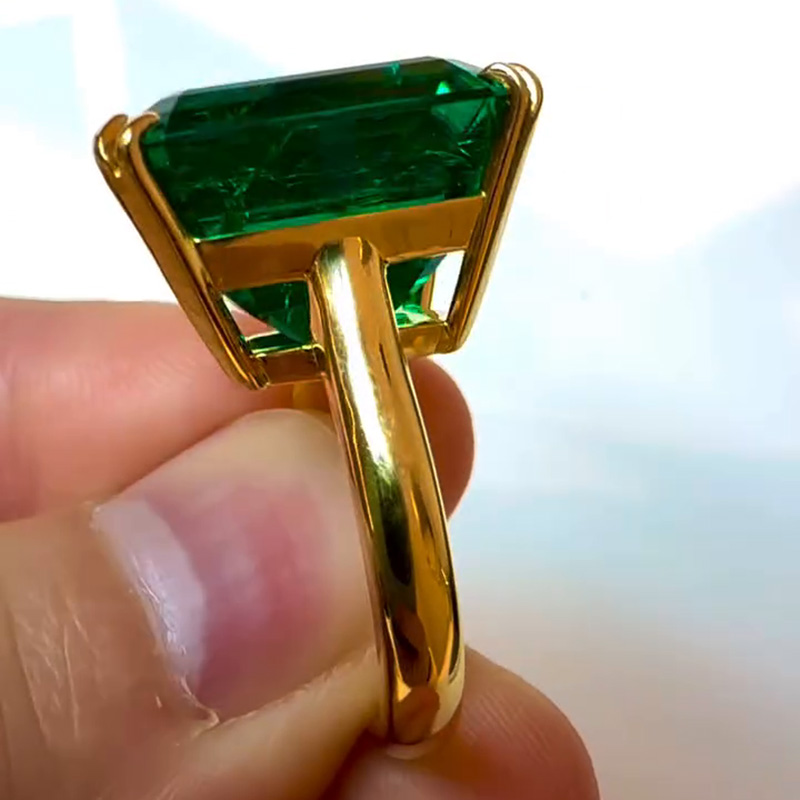 12ct Asscher Cut Emerald Green Yellow Gold Simple Handmade Men's Ring