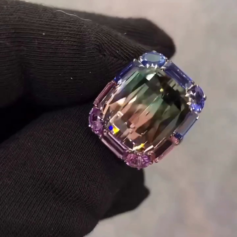 6.8ct Cushion Cut Bi-color Pink & Blue Tourmaline Handmade Sterling Silver Ring