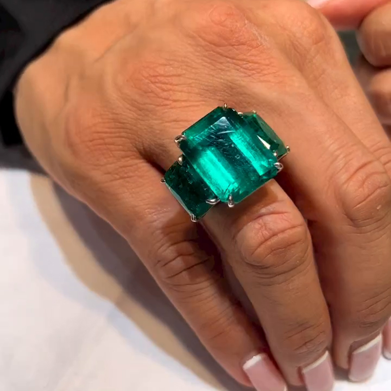 20ctw Emerald Cut Emerald Green Three Stone Ring Women's Bold Ring