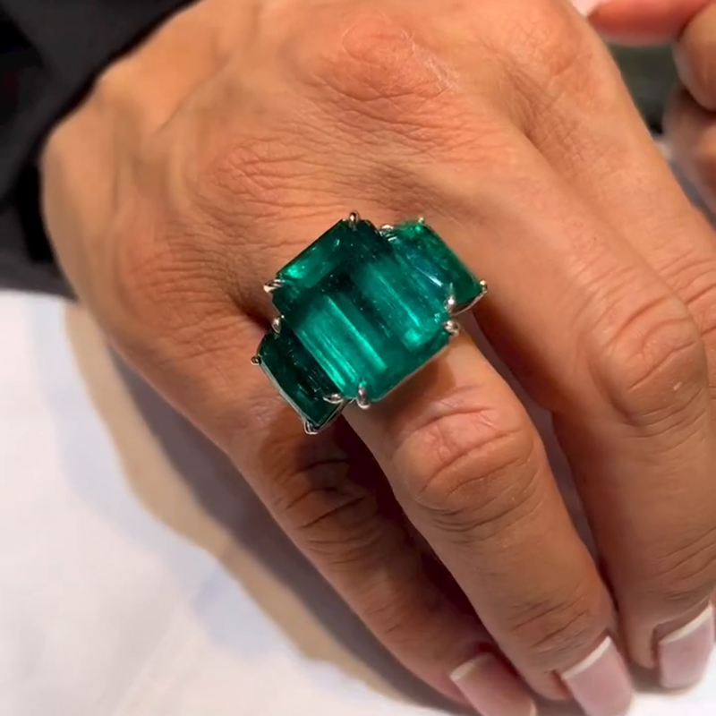 20ctw Emerald Cut Emerald Green Three Stone Ring Women's Bold Ring