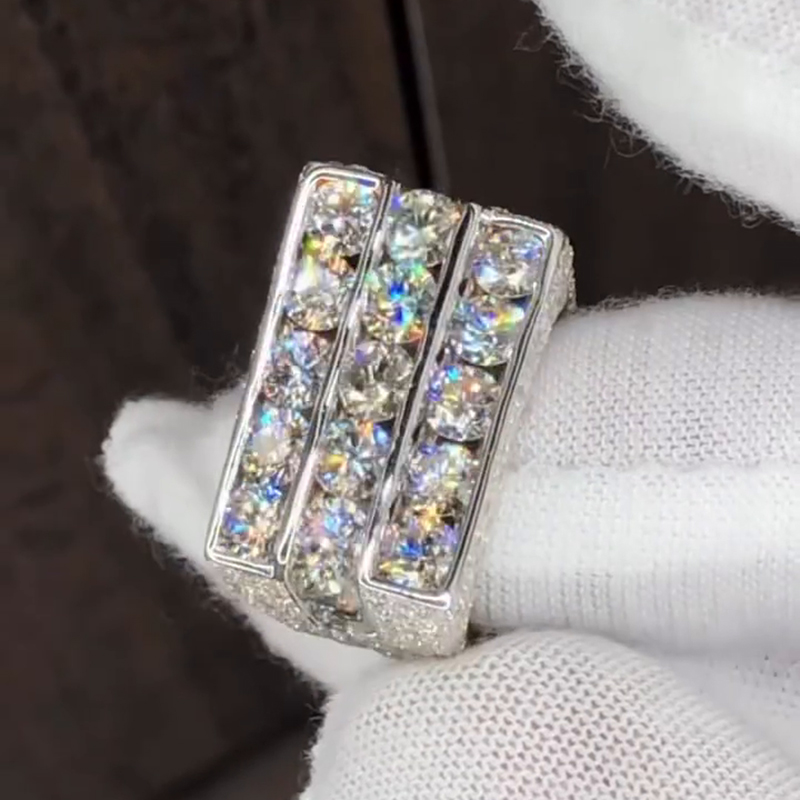 15ctw Round Cut White Moissanite Three-Row Unique Design Handmade Men's Ring