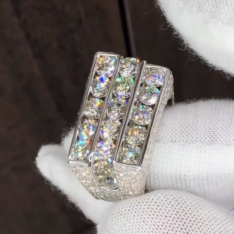 15ctw Round Cut White Moissanite Three-Row Unique Design Handmade Men's Ring