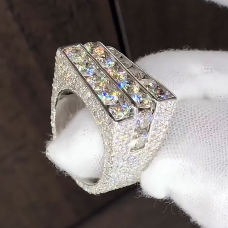 15ctw Round Cut White Moissanite Three-Row Unique Design Handmade Men's Ring