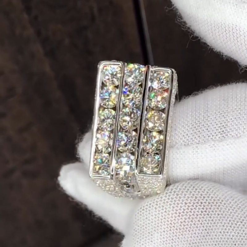 15ctw Round Cut White Moissanite Three-Row Unique Design Handmade Men's Ring