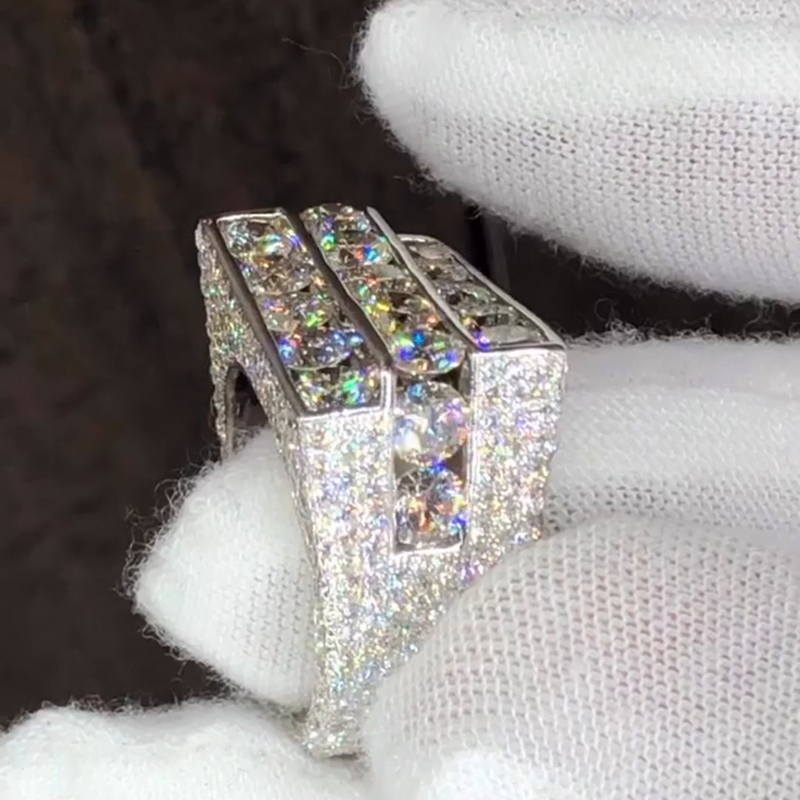 15ctw Round Cut White Moissanite Three-Row Unique Design Handmade Men's Ring