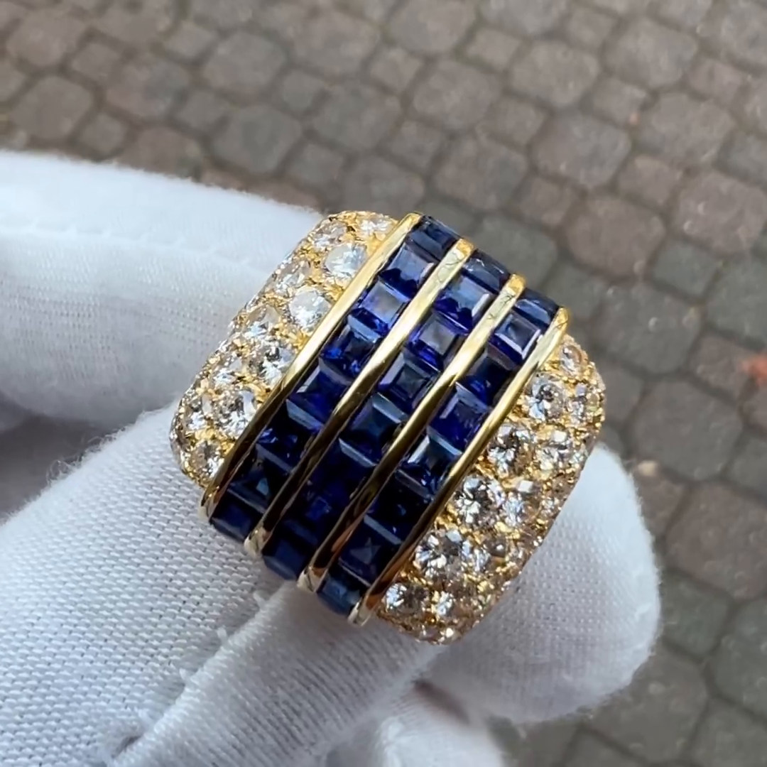 6.5ctw Square Step Cut Blue Sapphire Tree-Row Unique Design Pave Set White Sapphires Yellow Gold Men's Ring