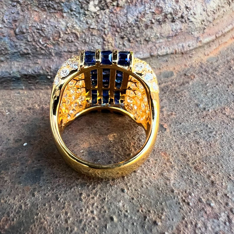 6.5ctw Square Step Cut Blue Sapphire Tree-Row Unique Design Pave Set White Sapphires Yellow Gold Men's Ring